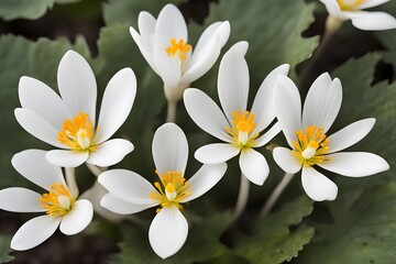 White bloodroot flowers with large white petals and golden centers, AI Generated