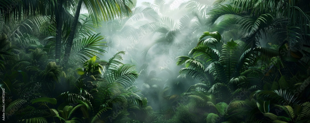 Sticker Misty morning in a lush tropical rainforest, 4K hyperrealistic photo,