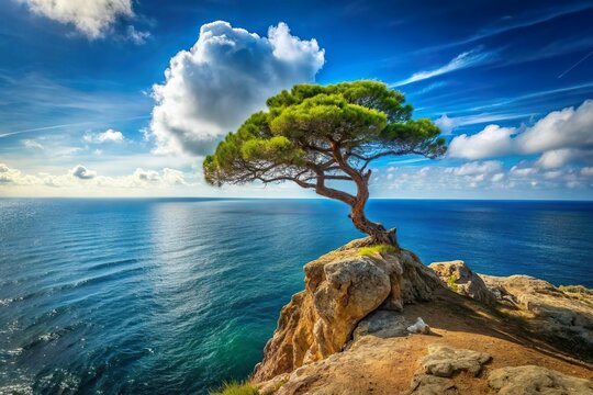 Lone tree on cliff overlooking the ocean