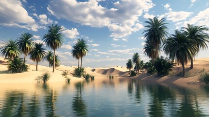 Fototapeta premium Palm trees line a tranquil oasis in a desert landscape. The reflection of the trees in the water creates a serene and beautiful scene.
