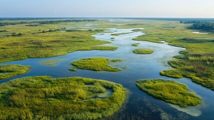 Bird's eye view of the expansive wetlands in the Prek Toal Bird Sanctuary, with its varied ecosystems and waterways.