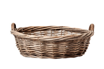 Obraz premium A vintage wicker basket with a distressed finish and patina, evoking a sense of nostalgia. Isolated on white background