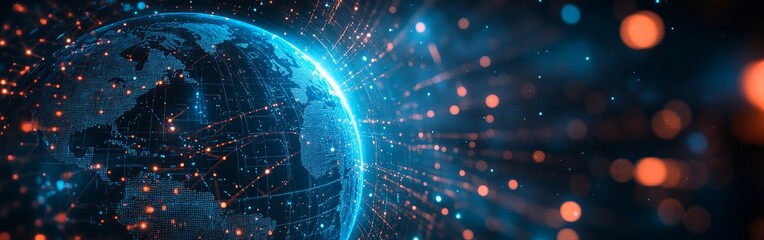 Obraz premium Digital World Map with Glowing Grid and Global Connections