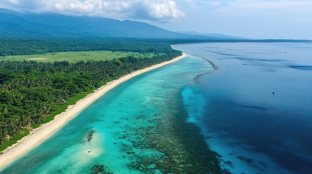 Bird's eye view of the golden beaches and turquoise waters of the Karimunjawa Archipelago, Central Java.