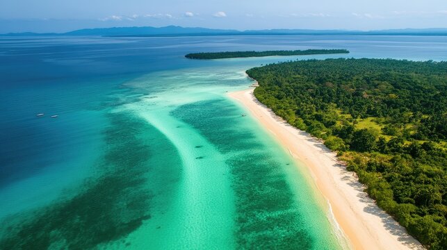 Bird's eye view of the golden beaches and turquoise waters of the Karimunjawa Archipelago, Central Java.
