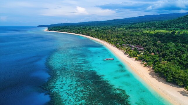 Bird's eye view of the golden beaches and turquoise waters of the Karimunjawa Archipelago, Central Java.