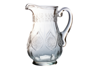 A vintage, glass pitcher with etched patterns and a nostalgic charm, isolated on a white background.