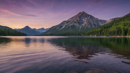 Tranquil lake with majestic mountains and purple sunset sky
