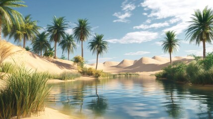 Palm trees line a tranquil oasis in a desert landscape, with a river snaking through the dunes.