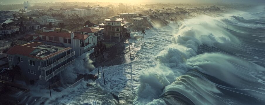 Hurricane storm surge flooding coastal area, 4K hyperrealistic photo