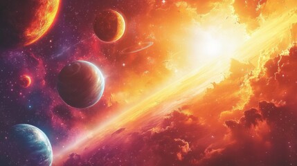 Obraz premium Futuristic cosmic landscape with colorful planets and nebulae