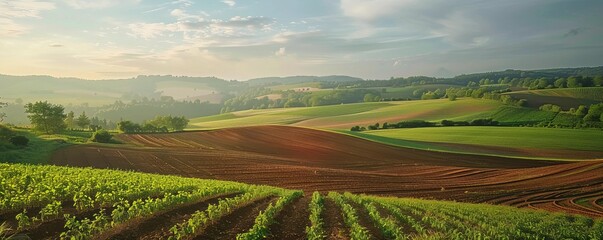 Rolling farmland with a patchwork of crops, 4K hyperrealistic photo