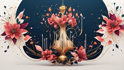Aesthetic floral logo with surreal elements, combining a chandelier and fireworks outdoors, creating an imaginative and lively scene.