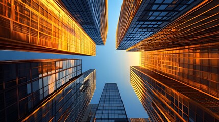 Abstract bottom-up view of modern skyscrapers in the city