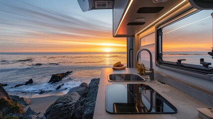 Obraz premium The sleek kitchenette of an RV pairs perfectly with the stunning ocean sunset outside blending functionality with a breathtaking view