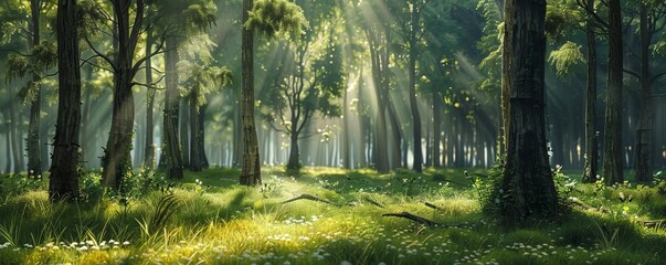 Naklejka premium Sunlit forest glade with tall trees, 4K hyperrealistic photo