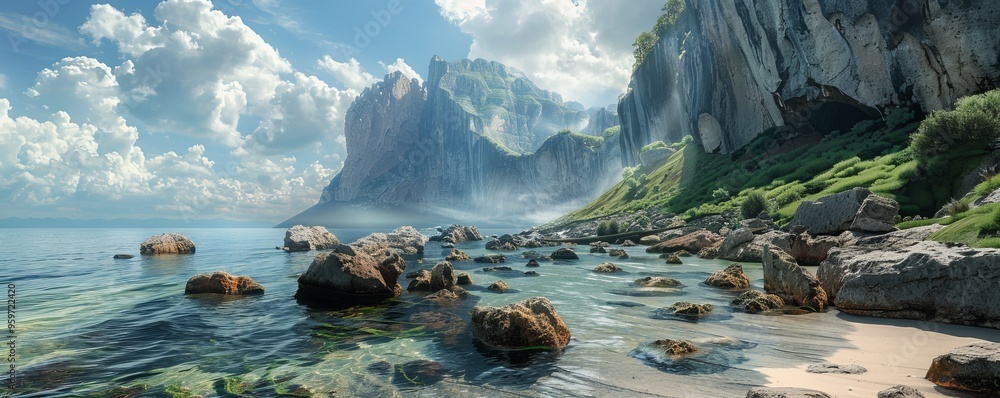 Wall mural Rocky cliffs and a serene beach with a mountain backdrop, 4K hyperrealistic photo