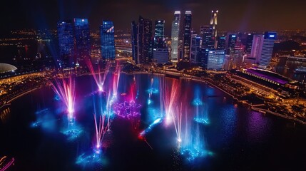 Bird's eye view of the Marina Bay Sands Light and Water Show, with lasers and water jets illuminating the night sky.