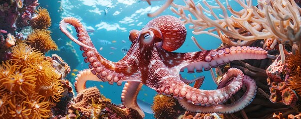 Obraz premium Octopus camouflaged against coral backdrop, 4K hyperrealistic photo