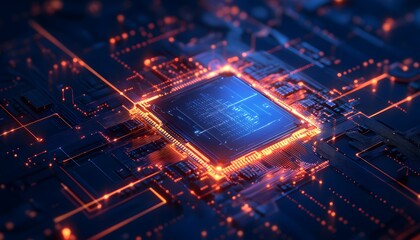 Fototapeta premium Illuminated Microchip Embedded on Circuit Board with Orange Lines