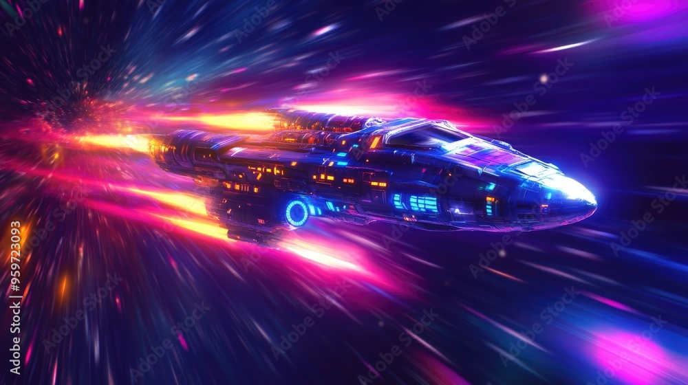 Poster colorful blurred texture of a spaceship in a 3d cartoon rendering suitable for movie or galaxy event