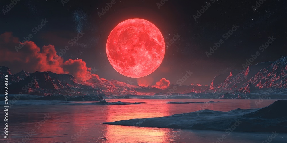 Aufkleber cartoon rendering of a red moon night in 3d