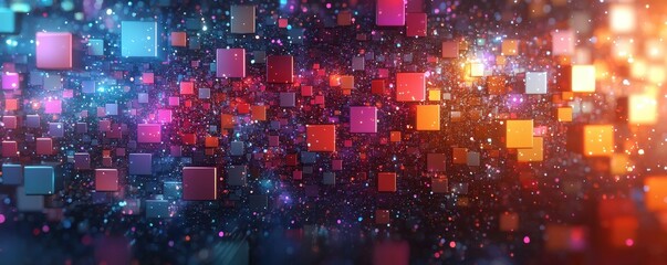 Fototapeta premium Symmetrical 3D multicolor squares with varying sizes, floating in depth, luminous accents. Abstract and Minimalistic Design Backgrounds