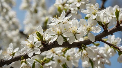 Tree branch adorned with white spring flowers
