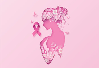 Pink Ribbon Woman Silhouette with Floral Design