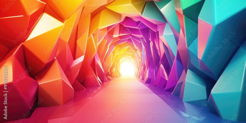 Poster Colorful polygonal scales tunnel background illustration in 3D cartoon rendering featuring high quality graphics and beautiful visuals in 4K