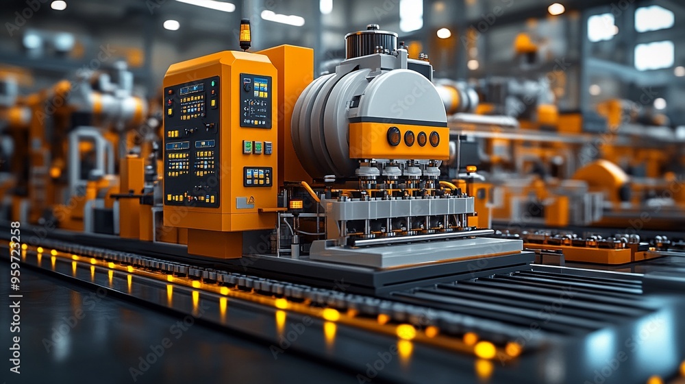 Poster automated precision: a state-of-the-art industrial machine hums with activity on the factory floor, 