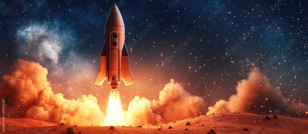 Poster Space rocket shuttle takes off into a starry sky exploring and settling on the red planet 3D cartoon rendering of a spaceship lifting off with smoke and blast