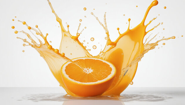 Jus orange frais press&eacute; juteux vitamine liquide &eacute;claboussures splash &eacute;l&eacute;ment isol&eacute; fond blanc.