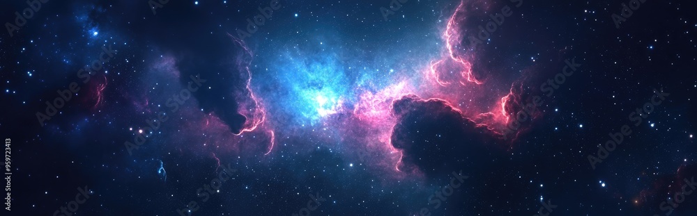 Poster Space scape illustration featuring a 3D cartoon rendering of gas clouds and a starry field in the depths of the universe