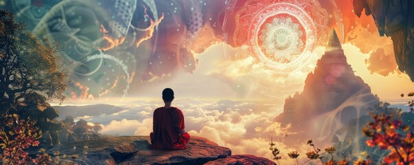 Spiritual awakening collage with chakras, mandalas, and serene landscapes, 4K hyperrealistic photo