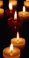 Soft light from flickering candles illuminates tranquil scene, inviting calming ambiance. Expression of regret, eternal memory and mourning. Religious ritual cult. Moments of reflection serenity. AI