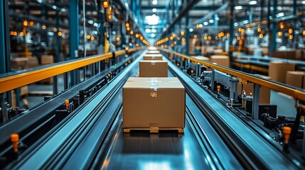 Automated Logistics: Cardboard boxes journey through a state-of-the-art factory, symbolizing efficiency and modern manufacturing in the age of automation