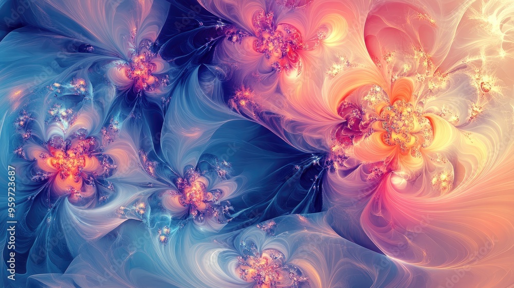 Poster Abstract fractal patterns and shapes in dynamic flowing forms featuring flowers and spirals depicted in a 3D cartoon rendering Mysterious psychedelic relaxation design