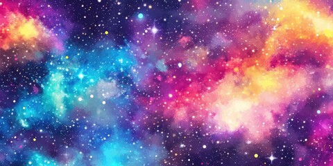 Seamless watercolor pattern featuring vibrant colors in a 3D cartoon rendering of cosmic background