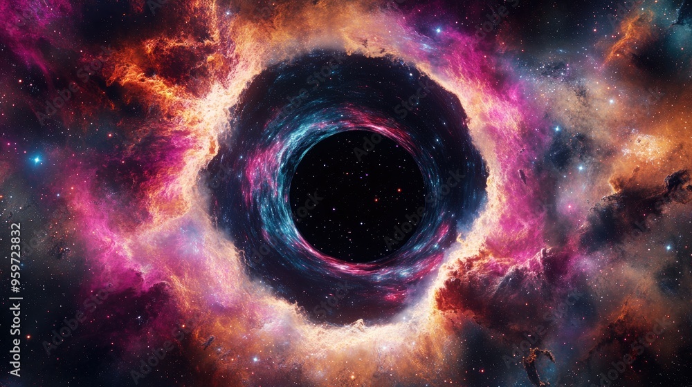 Poster Black hole with nebula over colorful stars and cloud fields in outer space depicted in a 3D cartoon rendering Mining gas in an alien black hole Abstract space wallpaper Collage