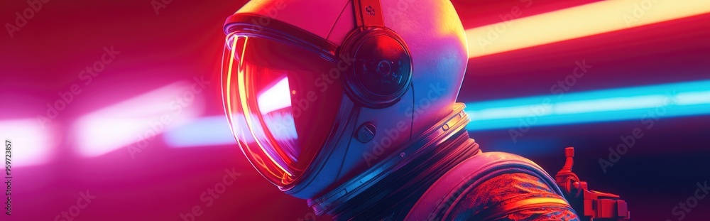 Poster cartoon style 3d rendering of an astronaut amidst vibrant neon lights featuring a retro 80s synthwav