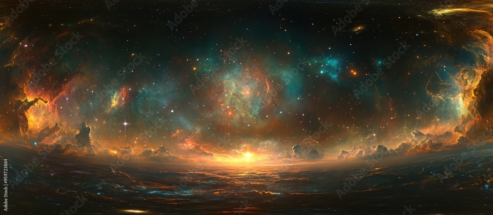 Poster 360 degree space nebula panorama in 3D cartoon rendering featuring equirectangular projection and environment map HDRI spherical panorama showcasing a space background with nebula and stars