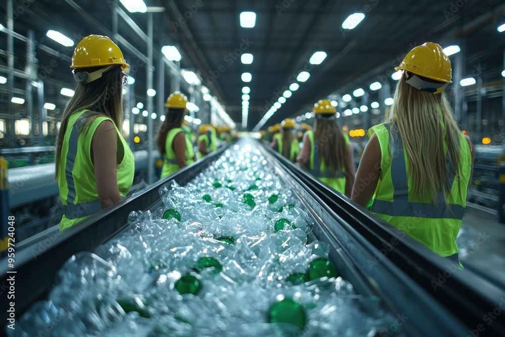 Poster workers observing bottles moving on a conveyor belt in a factory