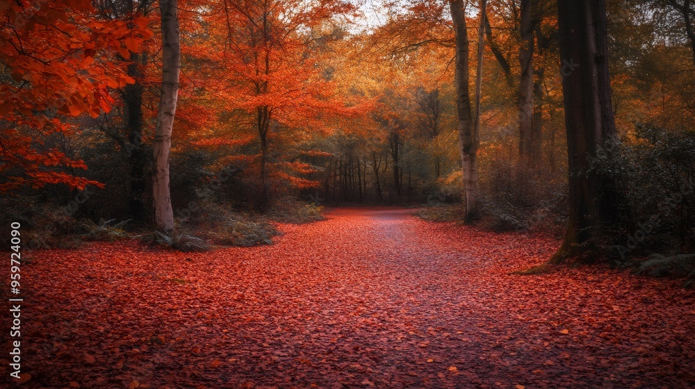 Poster path through a forest in autumn with red leaves on the ground.