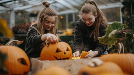 Two female farmers are crafting jack-o-lanterns in a greenhouse, getting ready for the halloween festivities