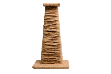 A vertical cat scratching post made from natural materials like sisal or cardboard, isolated on white background