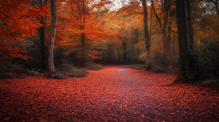 Obraz premium Path through a forest in autumn with red leaves on the ground.