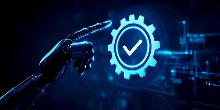 Robot hand pointing at glowing gear and check mark icons showing business performance checklist, tech and concept, modern workspace
