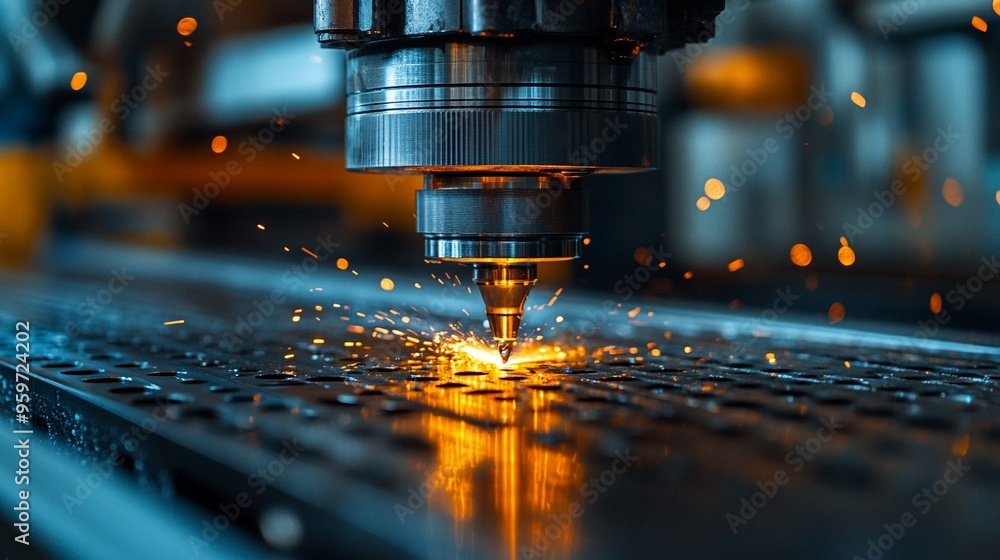 Poster precision cutting: a close-up view of a cnc plasma cutter in action, sparks flying as it meticulousl