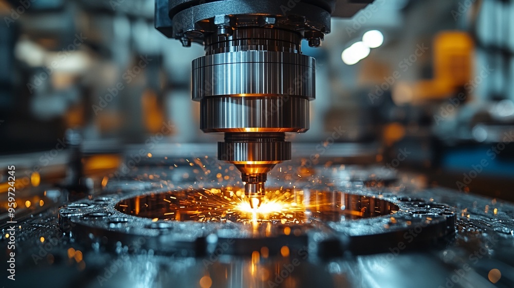 Poster precision engineering in action: a cnc machine carves intricate patterns into metal, sparks flying i